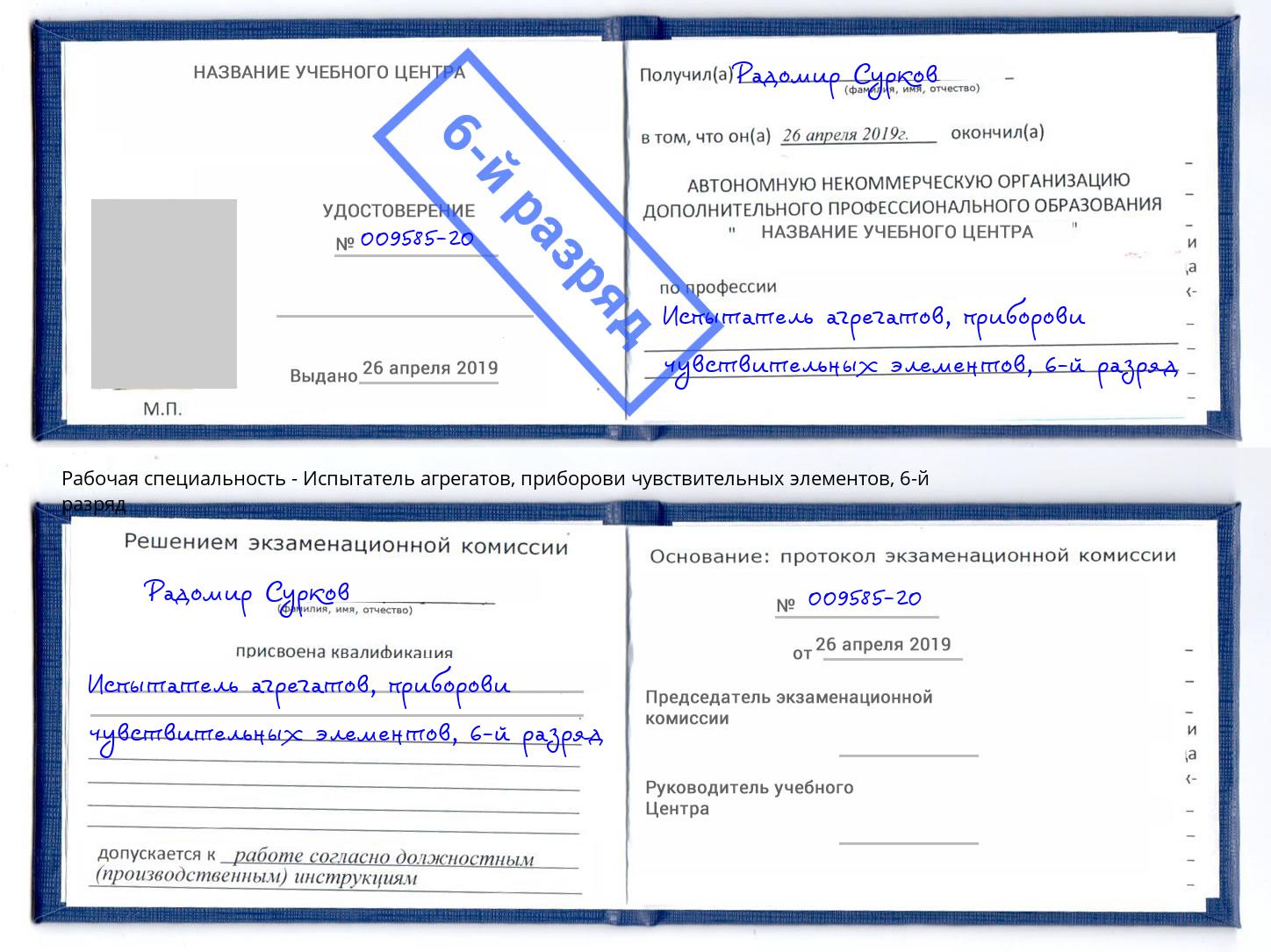корочка 6-й разряд Испытатель агрегатов, приборови чувствительных элементов Мончегорск