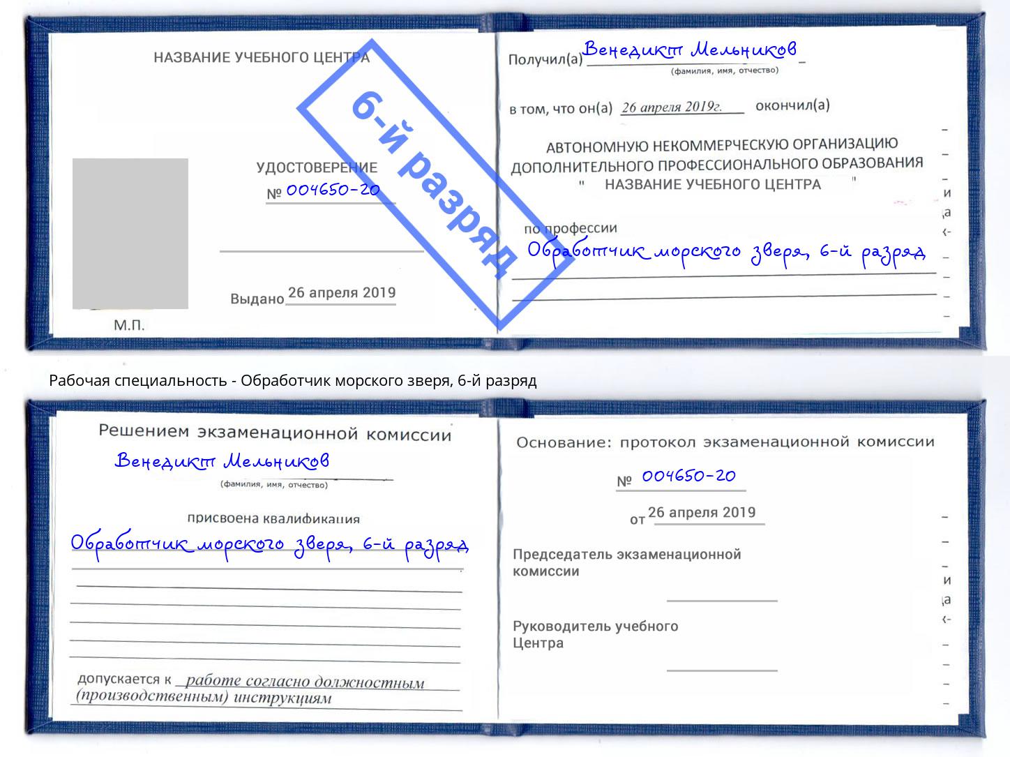 корочка 6-й разряд Обработчик морского зверя Мончегорск