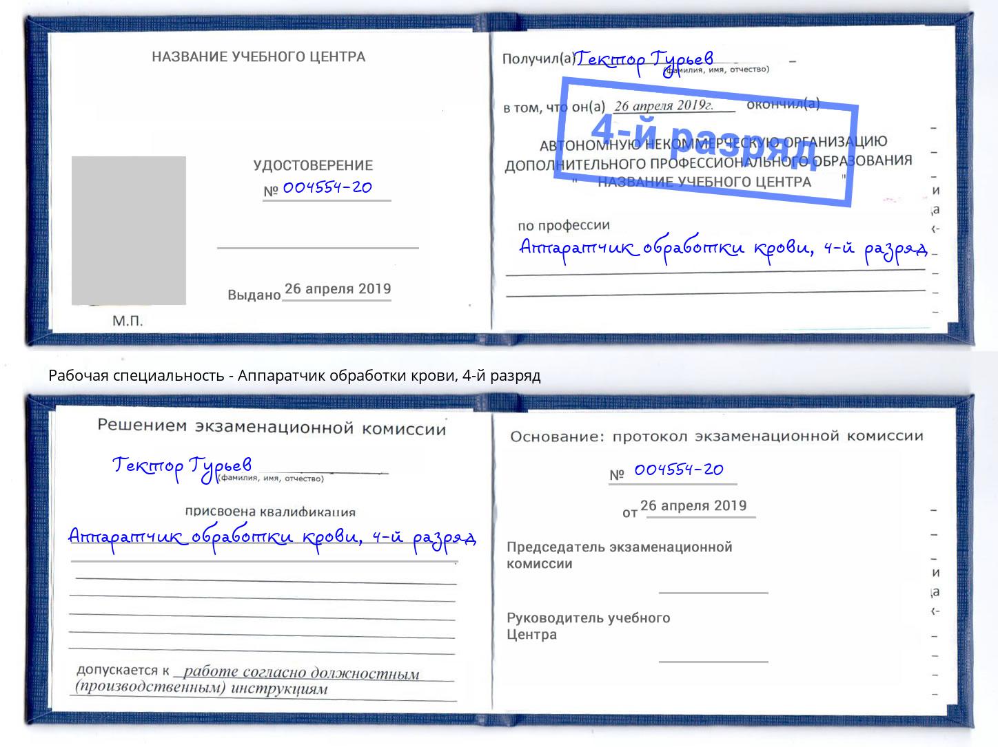 корочка 4-й разряд Аппаратчик обработки крови Мончегорск