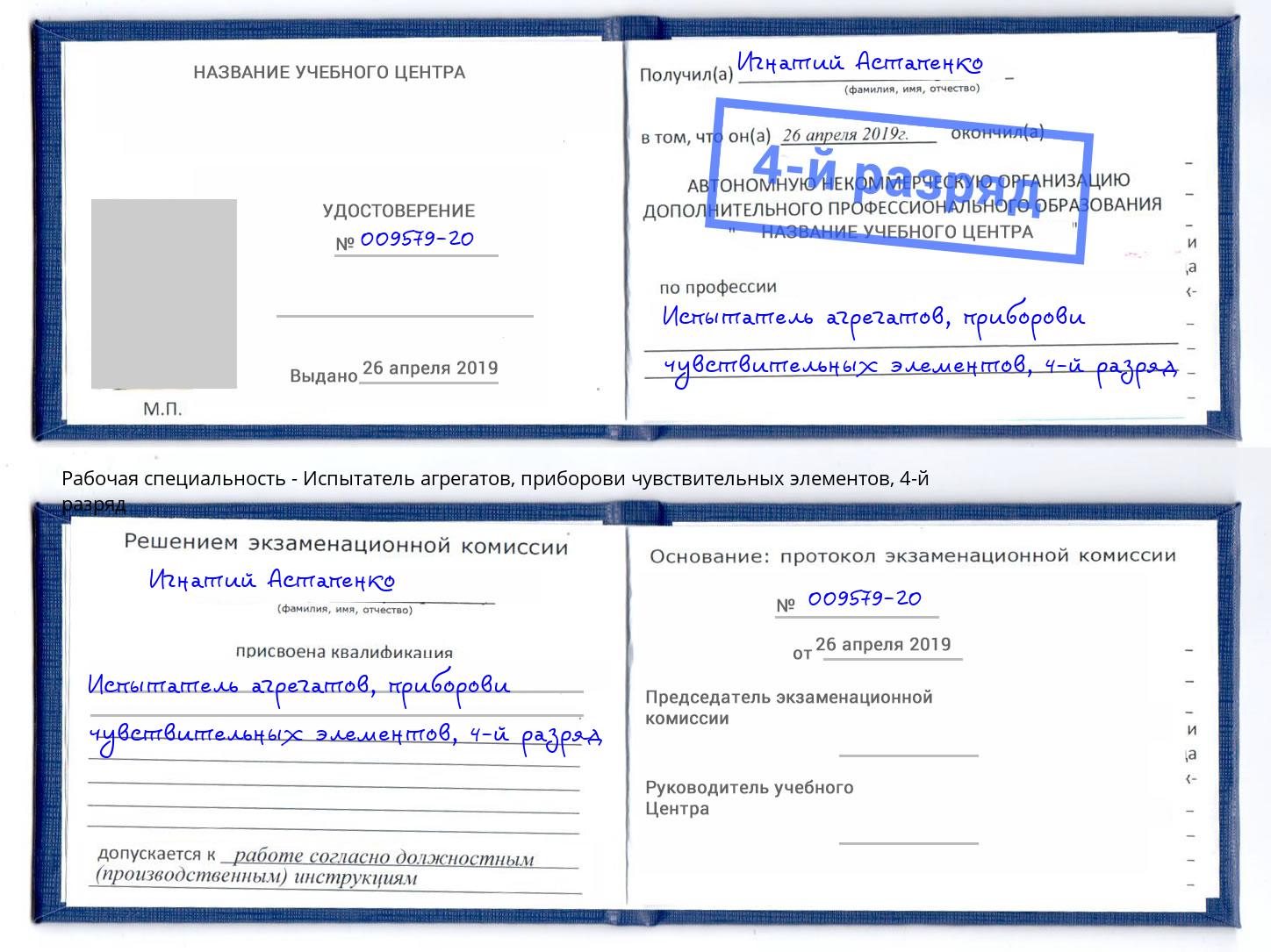 корочка 4-й разряд Испытатель агрегатов, приборови чувствительных элементов Мончегорск