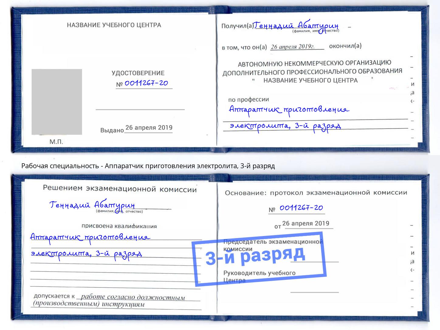 корочка 3-й разряд Аппаратчик приготовления электролита Мончегорск