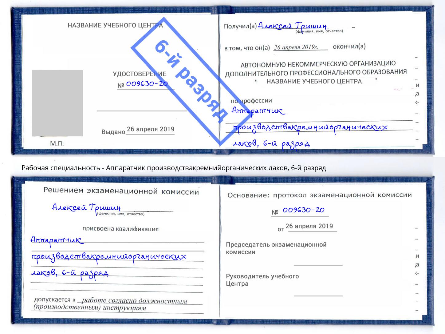 корочка 6-й разряд Аппаратчик производствакремнийорганических лаков Мончегорск