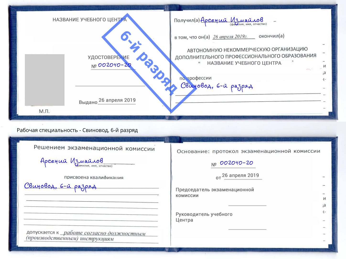 корочка 6-й разряд Свиновод Мончегорск