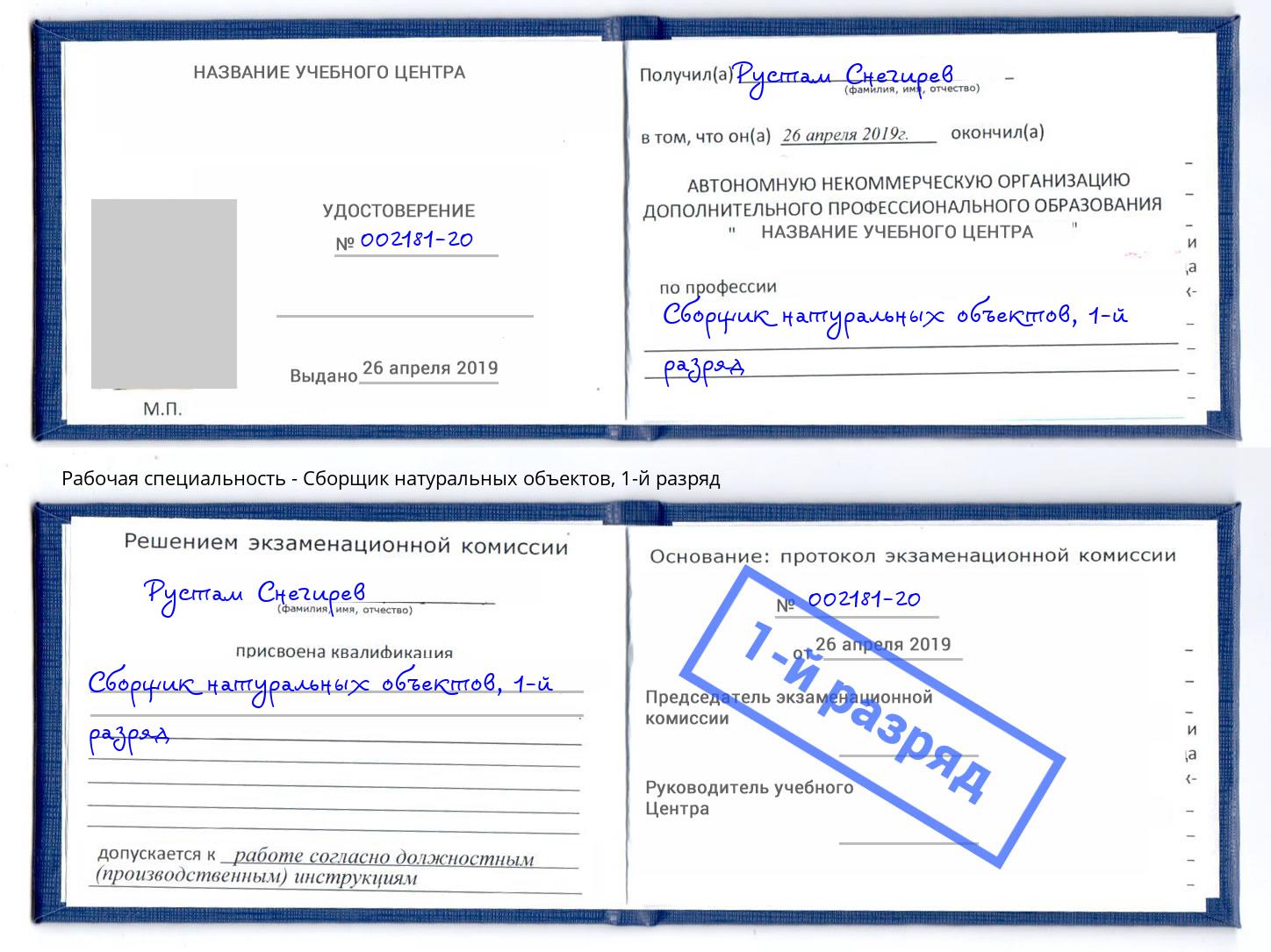 корочка 1-й разряд Сборщик натуральных объектов Мончегорск