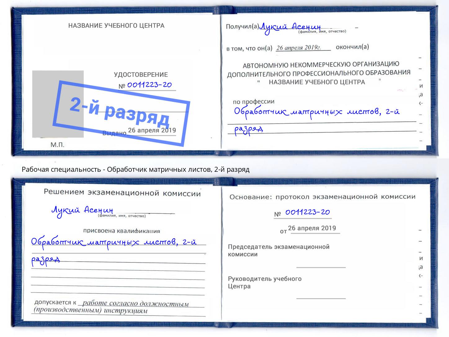корочка 2-й разряд Обработчик матричных листов Мончегорск