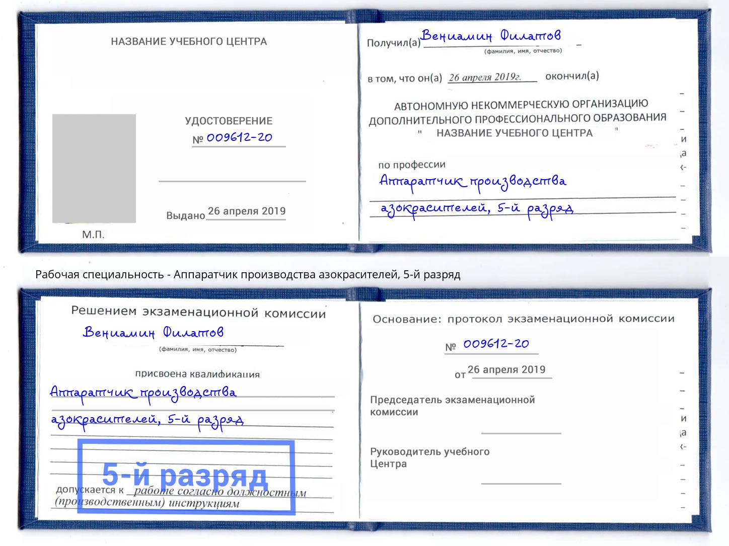корочка 5-й разряд Аппаратчик производства азокрасителей Мончегорск